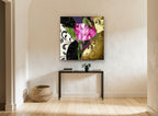 Pink Tulip Glass floral canvas print on the wall of a hallway
