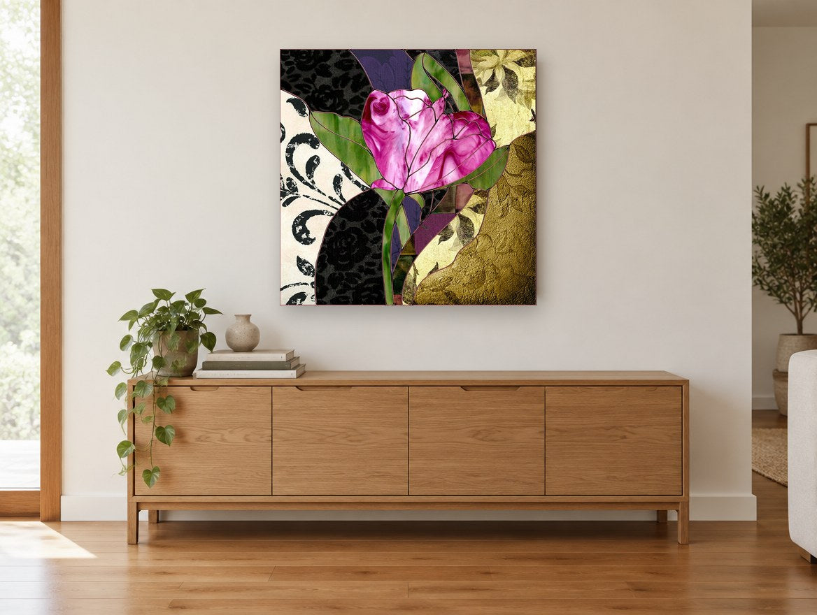 Pink Tulip Glass floral canvas print on the wall of a living room above a sideboard