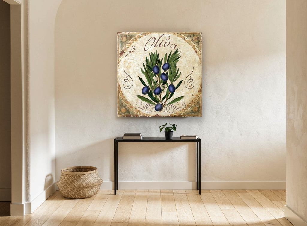 Oliva Olive Branch kitchen canvas print on the wall of a hallway