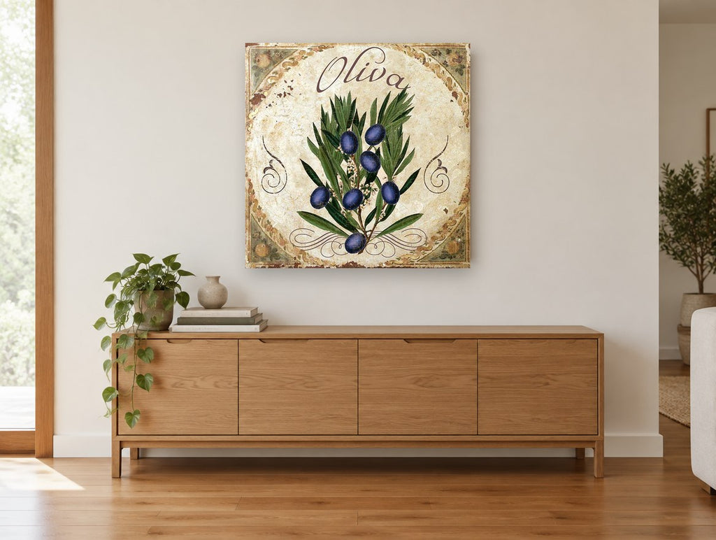 Oliva Olive Branch kitchen canvas print on the wall of a living room above a sideboard