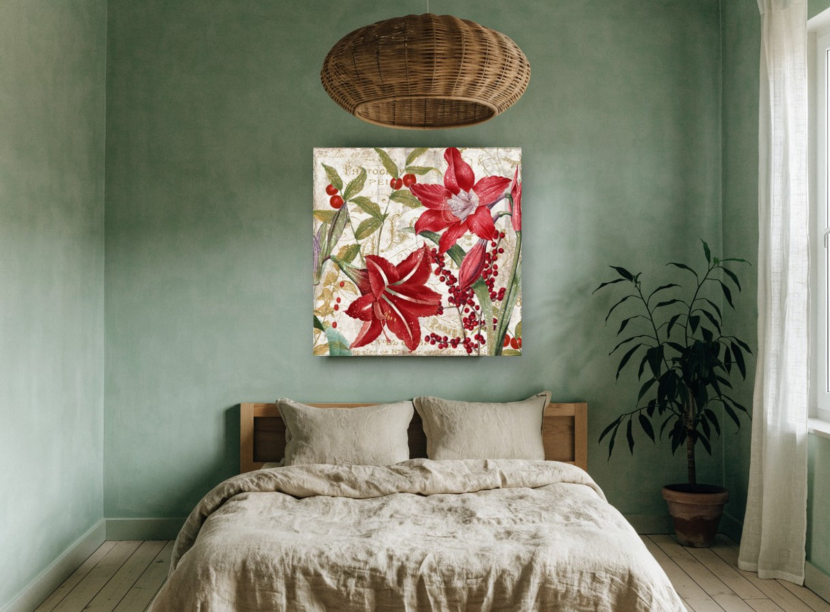 Red Amaryllis Paris Script floral canvas print on the wall of a bedroom