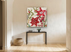 Red Amaryllis Paris Script floral canvas print on the wall of a hallway