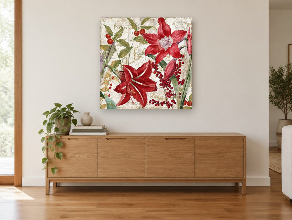 Red Amaryllis Paris Script floral canvas print on the wall of a living room above a sideboard