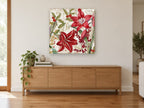 Red Amaryllis Paris Script floral canvas print on the wall of a living room above a sideboard