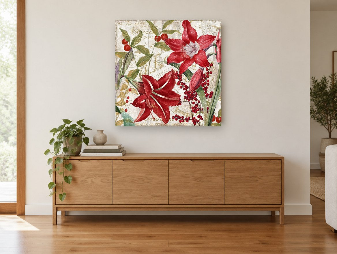 Red Amaryllis Paris Script floral canvas print on the wall of a living room above a sideboard