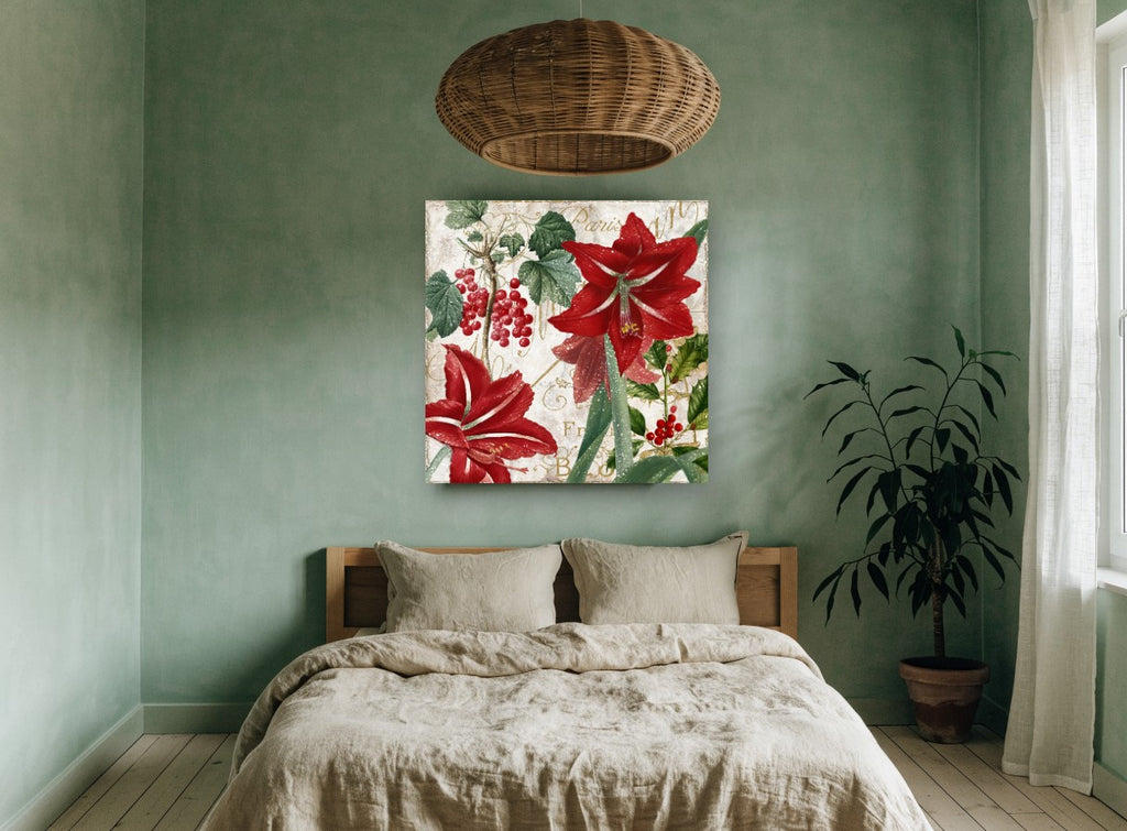 Red Amaryllis Winter Garden floral canvas print on the wall of a bedroom