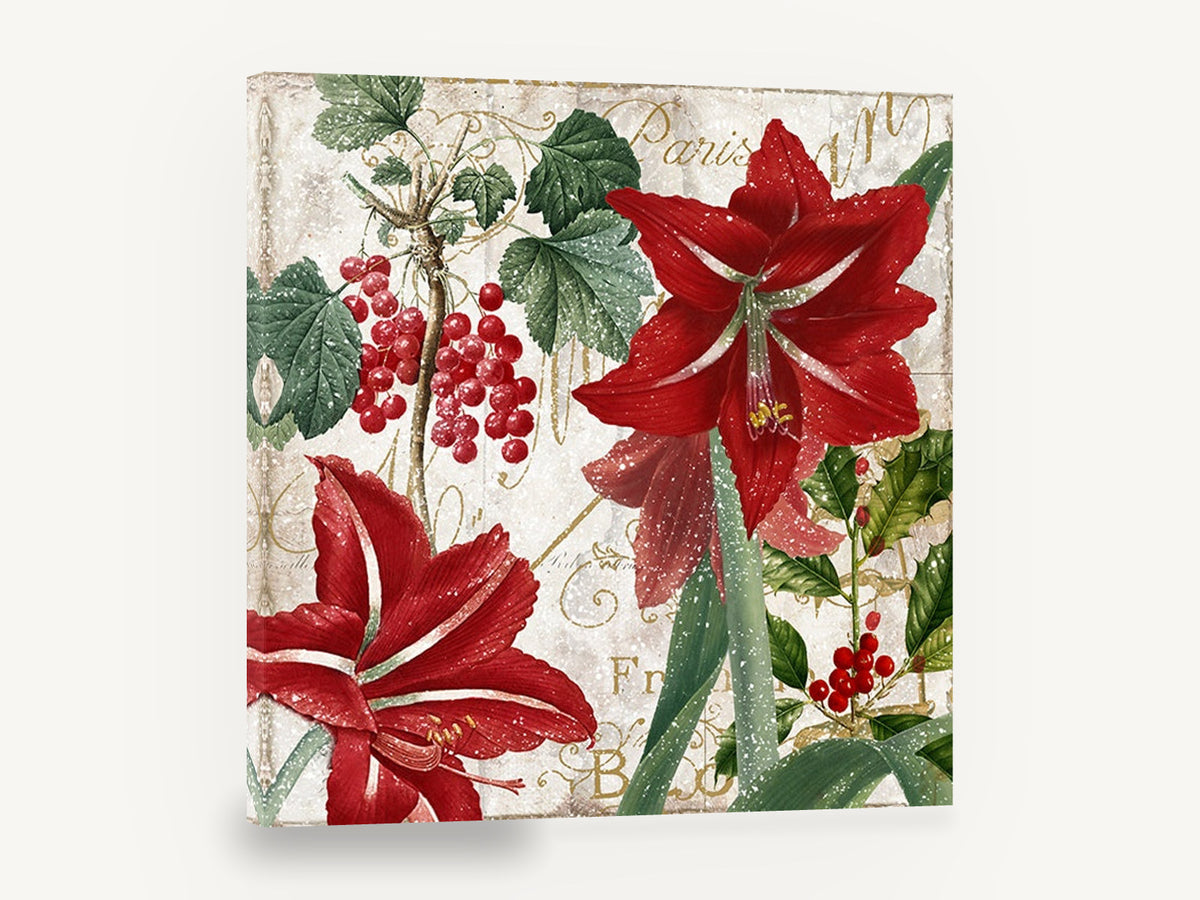 Red Amaryllis Winter Garden, red amaryllis holly berries botanical, floral canvas wall art print ready to hang