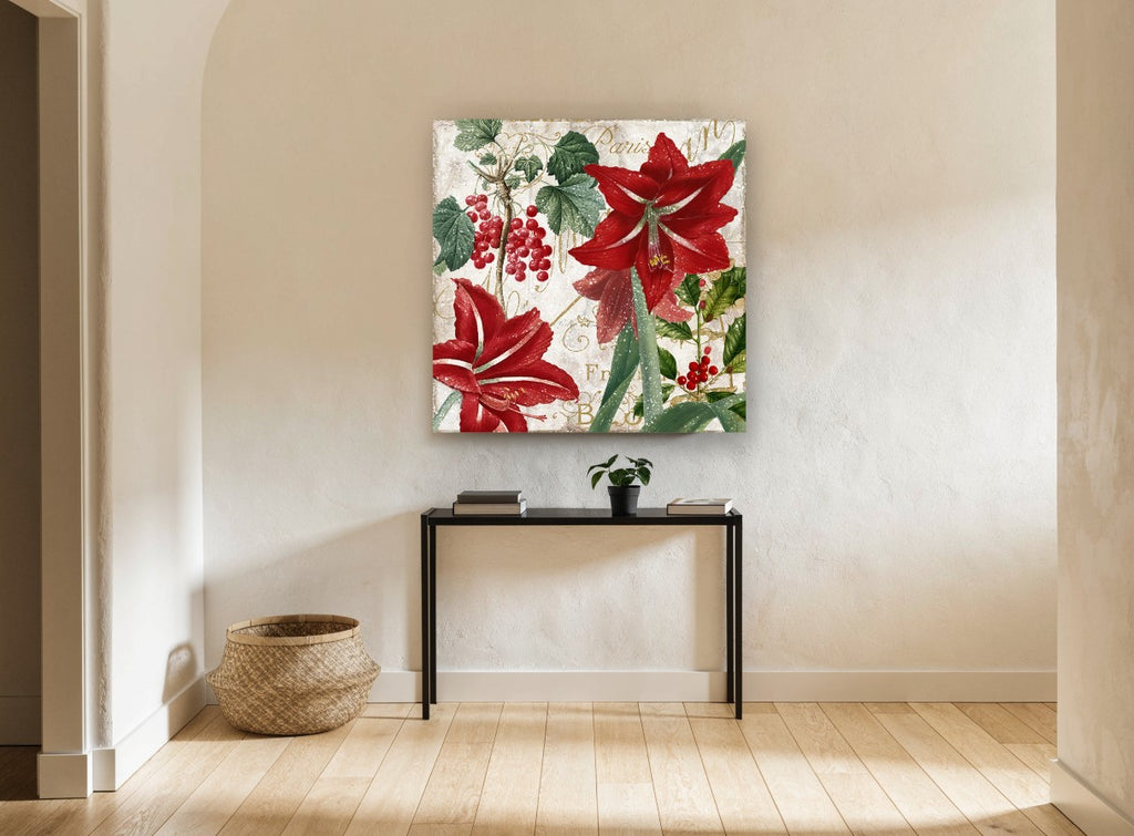Red Amaryllis Winter Garden floral canvas print on the wall of a hallway