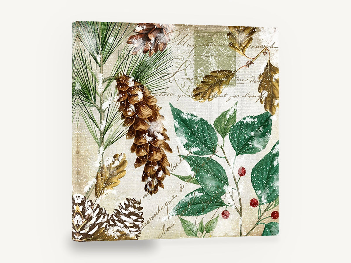 Frosted Pine and Holly, snowy pine cones botanical collage, floral canvas wall art print ready to hang