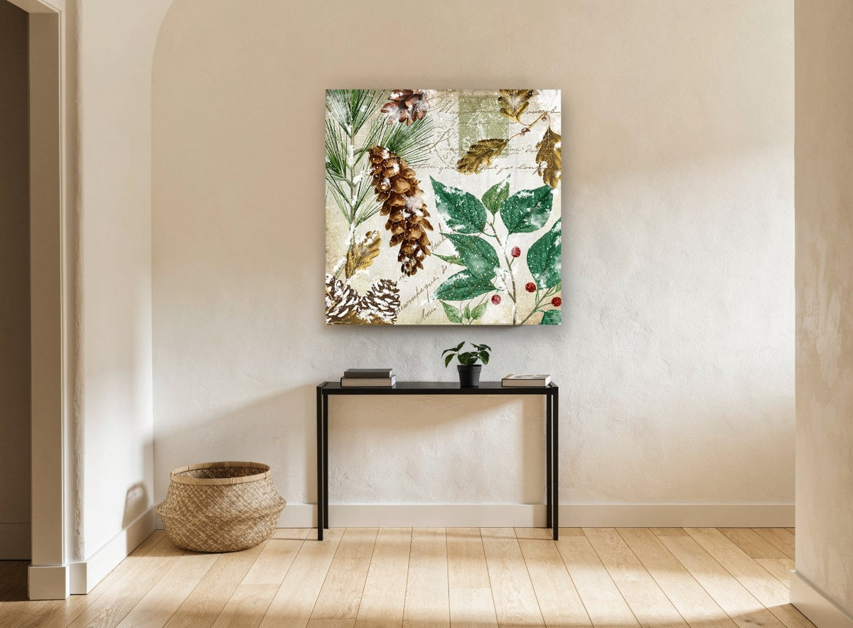 Frosted Pine and Holly floral canvas print on the wall of a hallway