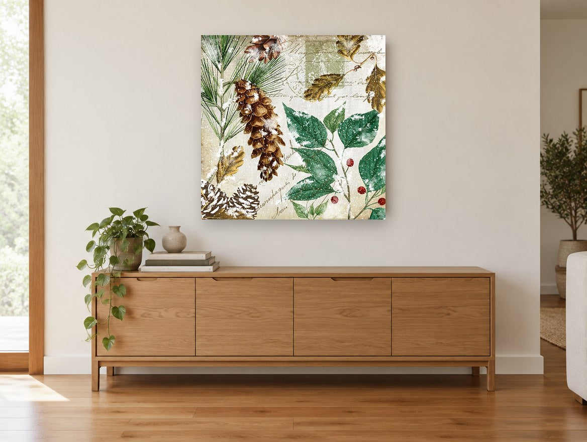 Frosted Pine and Holly floral canvas print on the wall of a living room above a sideboard