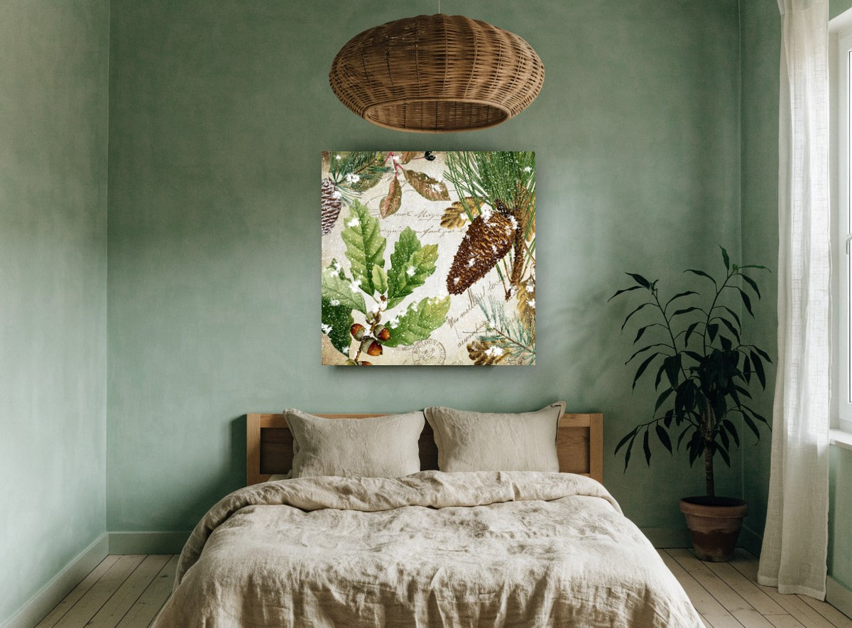 Snowy Oak and Pine floral canvas print on the wall of a bedroom