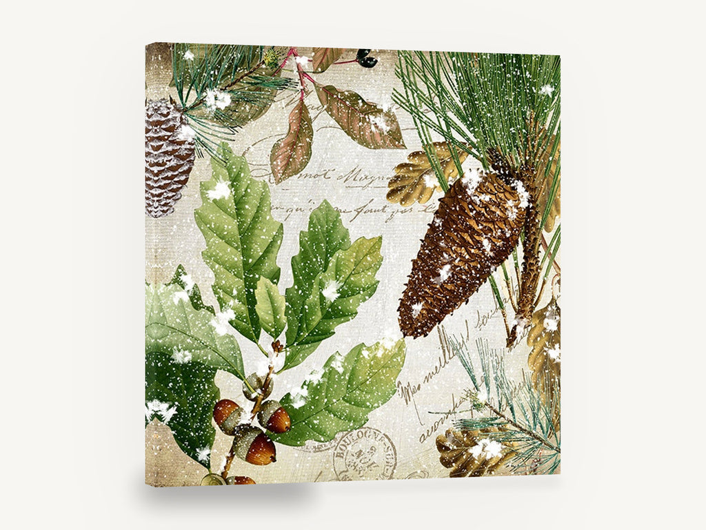 Snowy Oak and Pine, winter pine cones oak leaves botanical, floral canvas wall art print ready to hang
