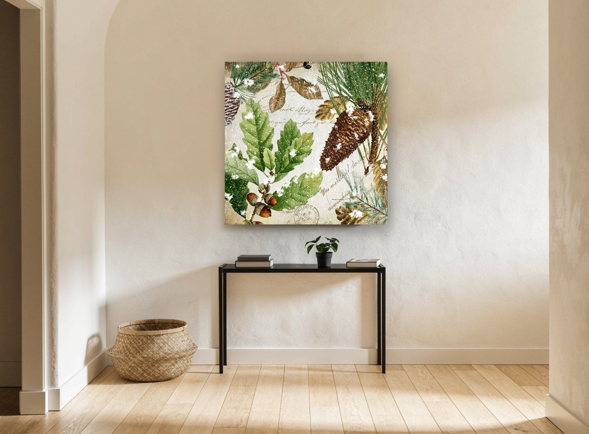 Snowy Oak and Pine floral canvas print on the wall of a hallway