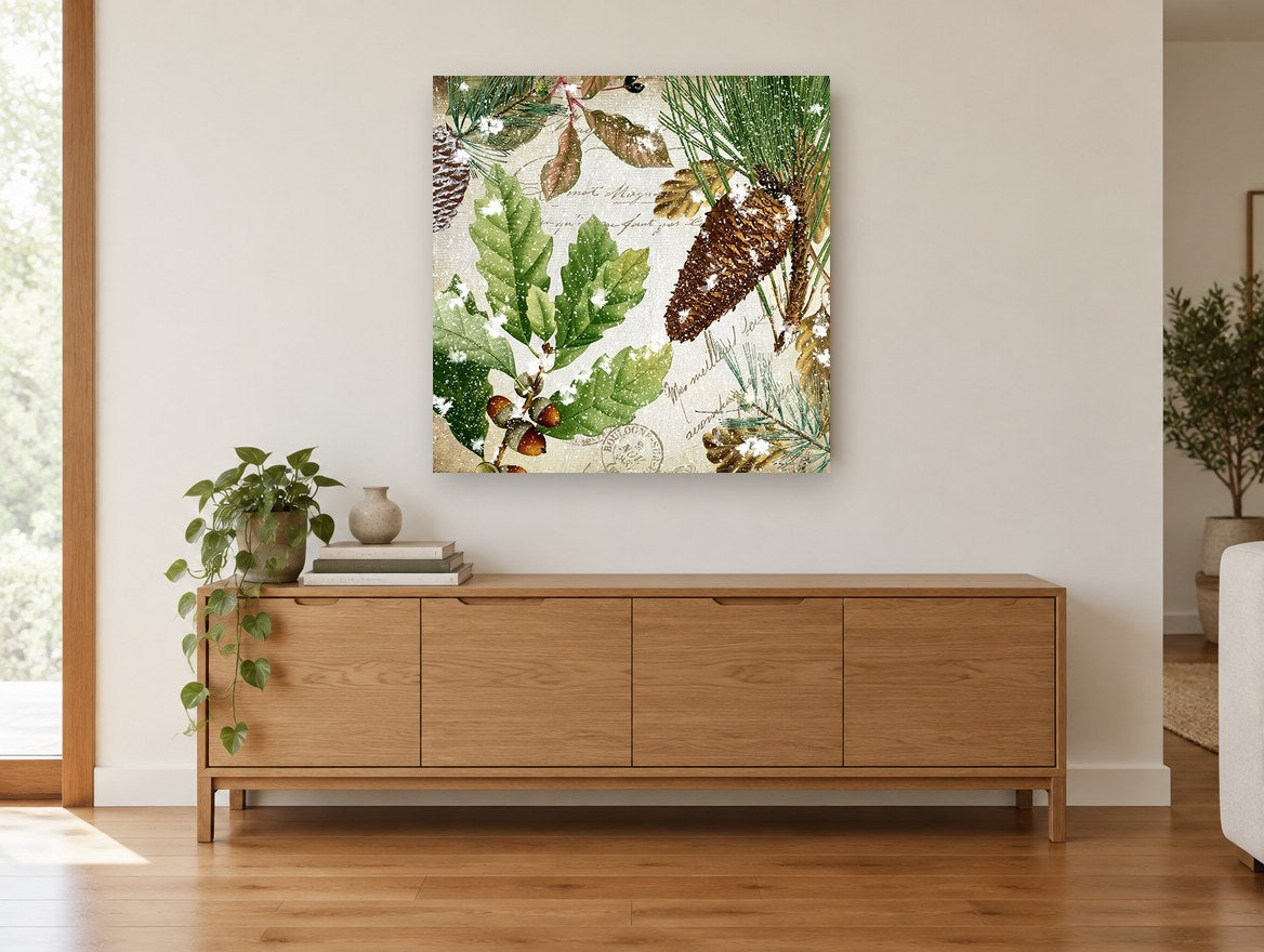 Snowy Oak and Pine floral canvas print on the wall of a living room above a sideboard