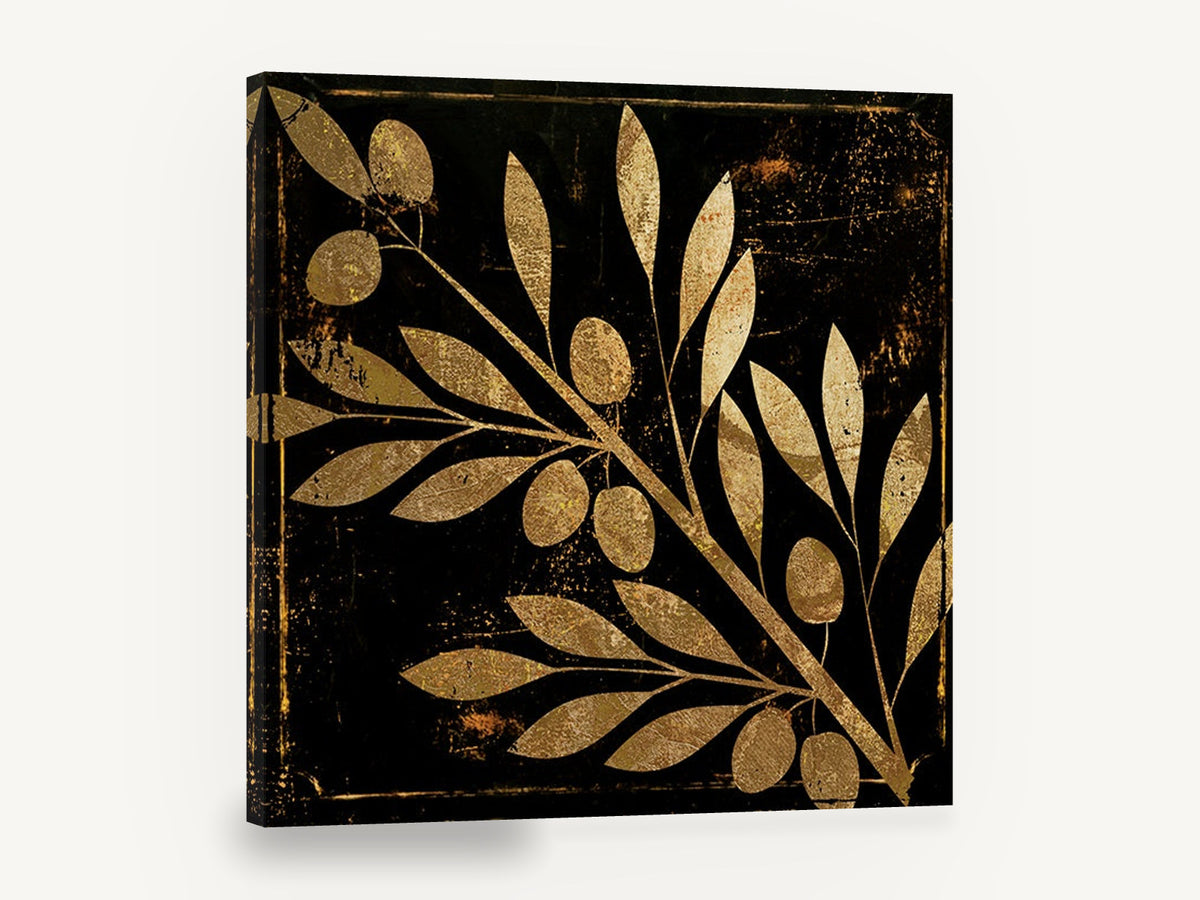 Gilded Olive Branch, gold olive branch on black, floral canvas wall art print ready to hang