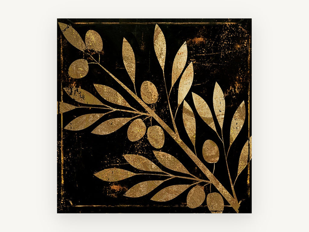 Gilded Olive Branch, floral canvas wall art print, front view