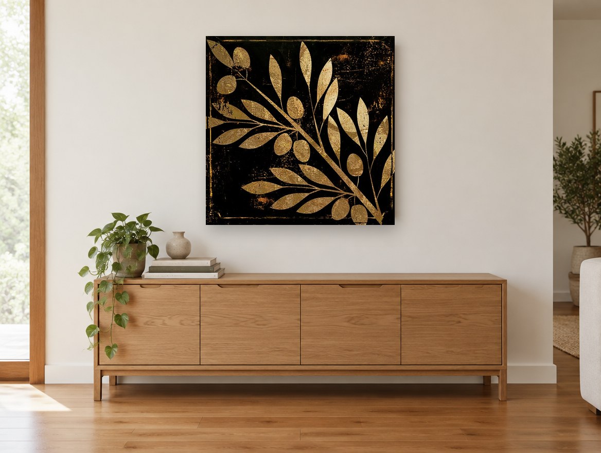 Gilded Olive Branch floral canvas print on the wall of a living room above a sideboard