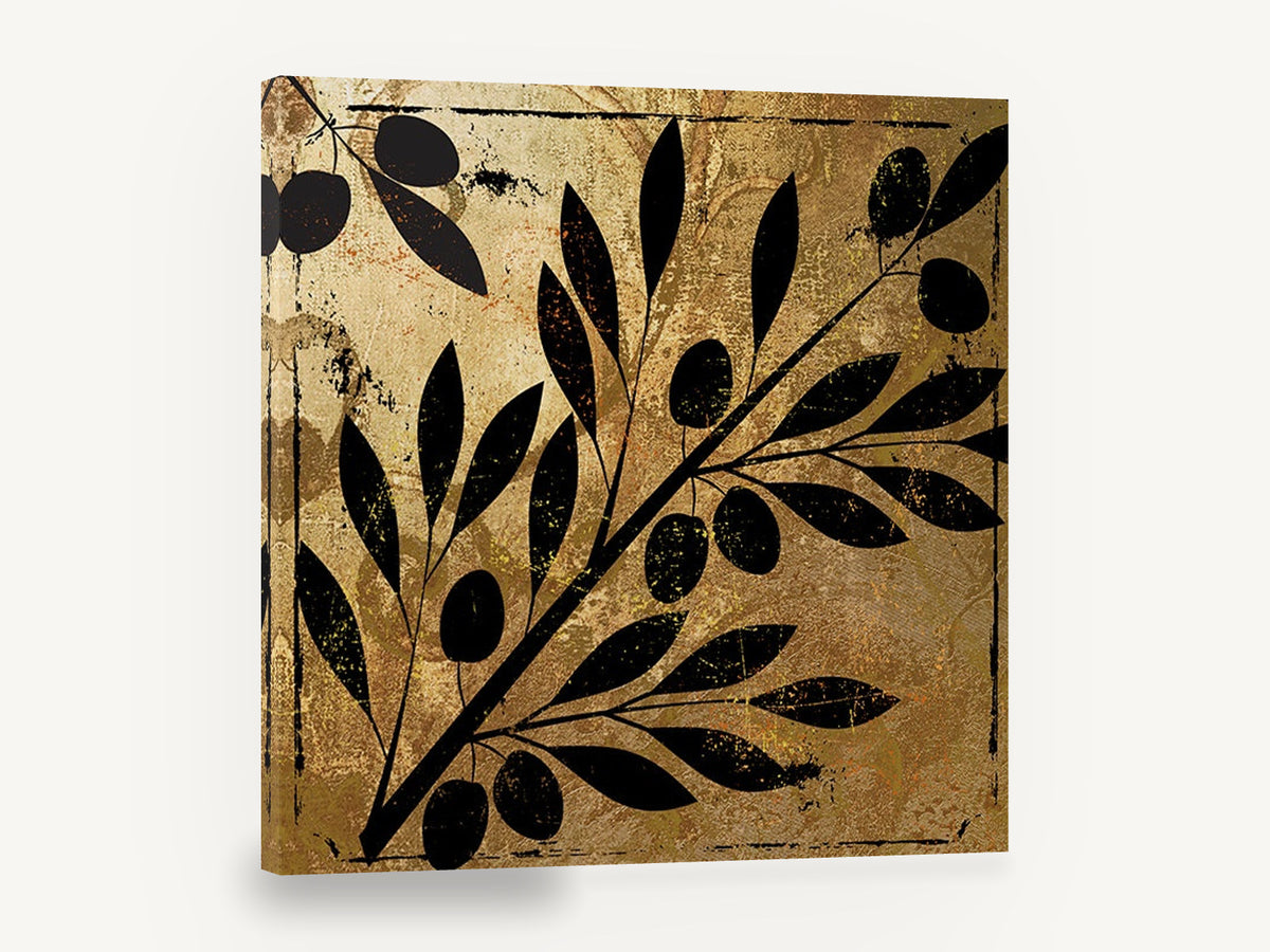 Olive Branch Gilt Silhouette, black olive branch gold silhouette, floral canvas wall art print ready to hang