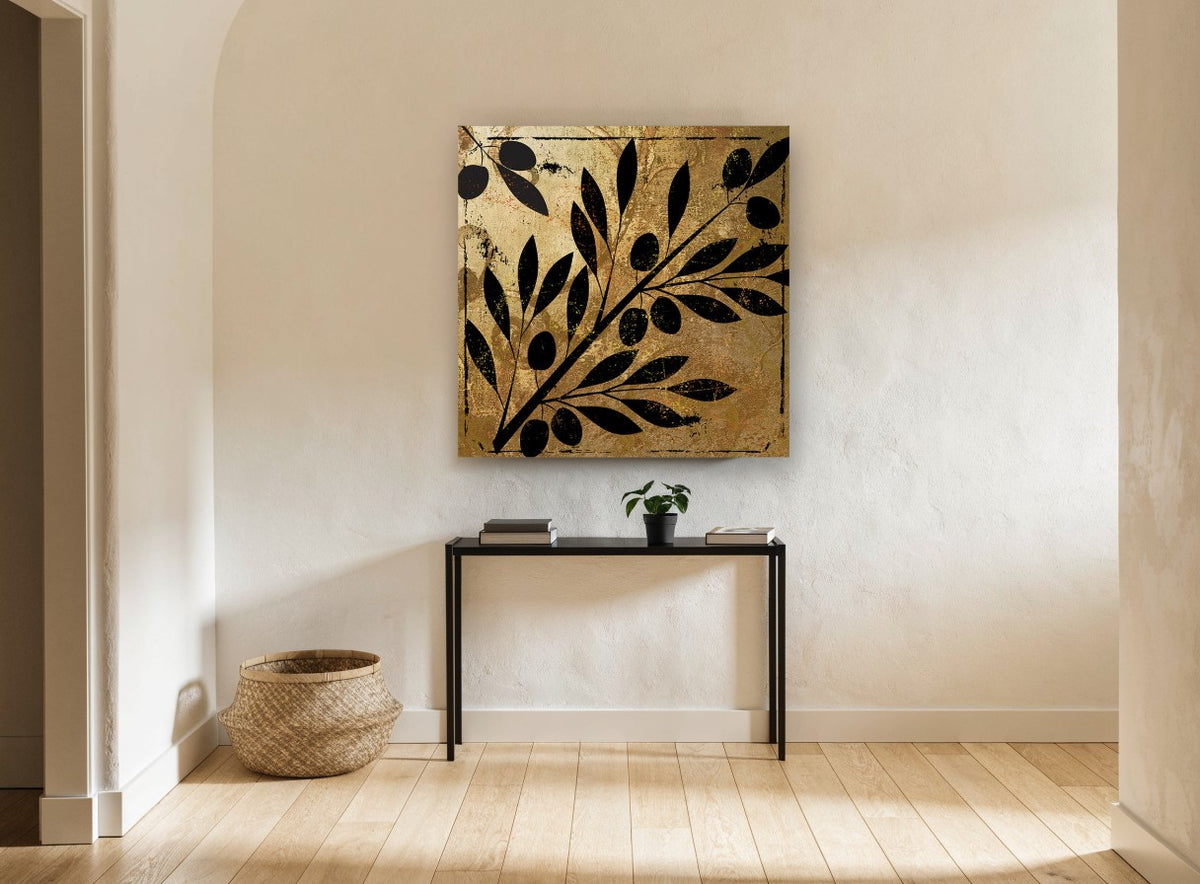 Olive Branch Gilt Silhouette floral canvas print on the wall of a hallway