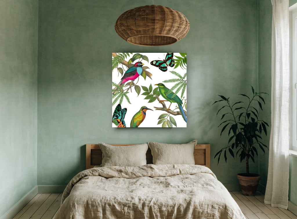Birds and Butterflies Aloft floral canvas print on the wall of a bedroom