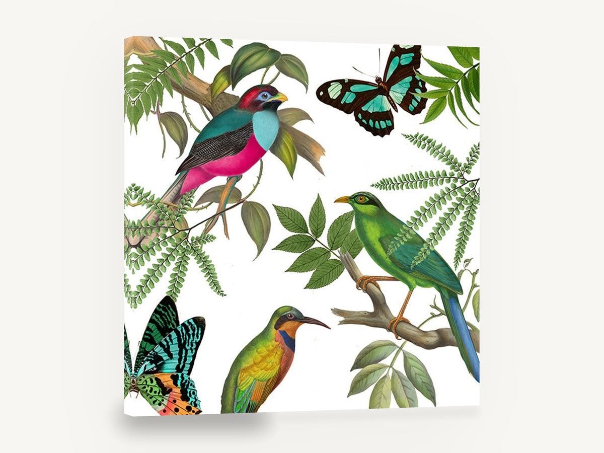 Birds and Butterflies Aloft, tropical birds butterflies ferns illustration, floral canvas wall art print ready to hang