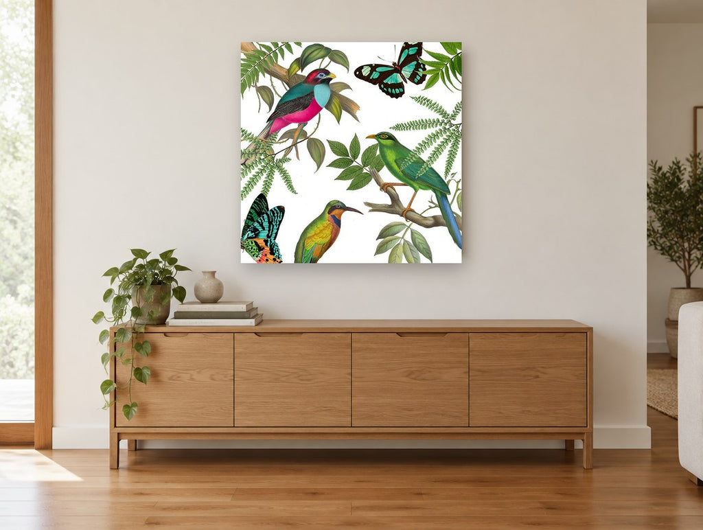 Birds and Butterflies Aloft floral canvas print on the wall of a living room above a sideboard