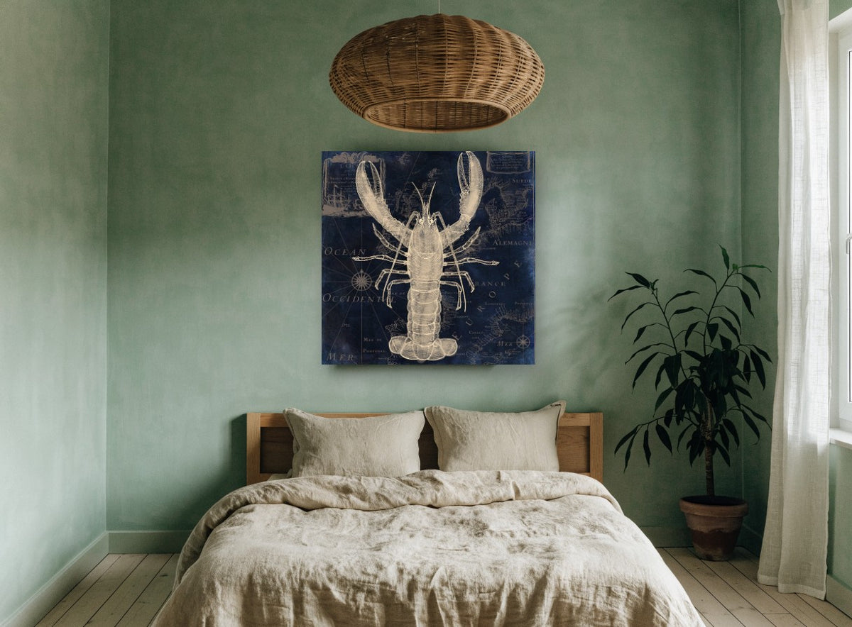Lobster on Indigo Chart vintage canvas print on the wall of a bedroom