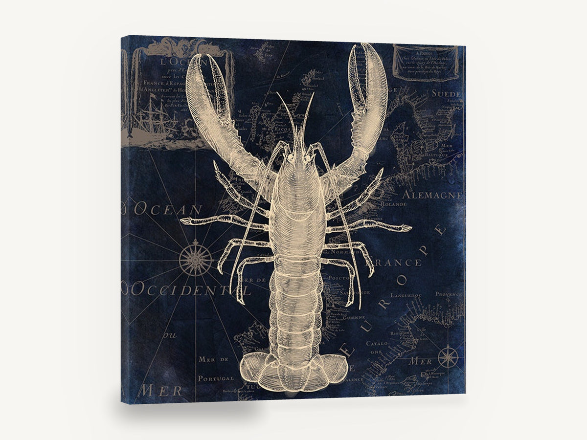 Lobster on Indigo Chart, vintage lobster nautical map, stretched canvas wall art print ready to hang