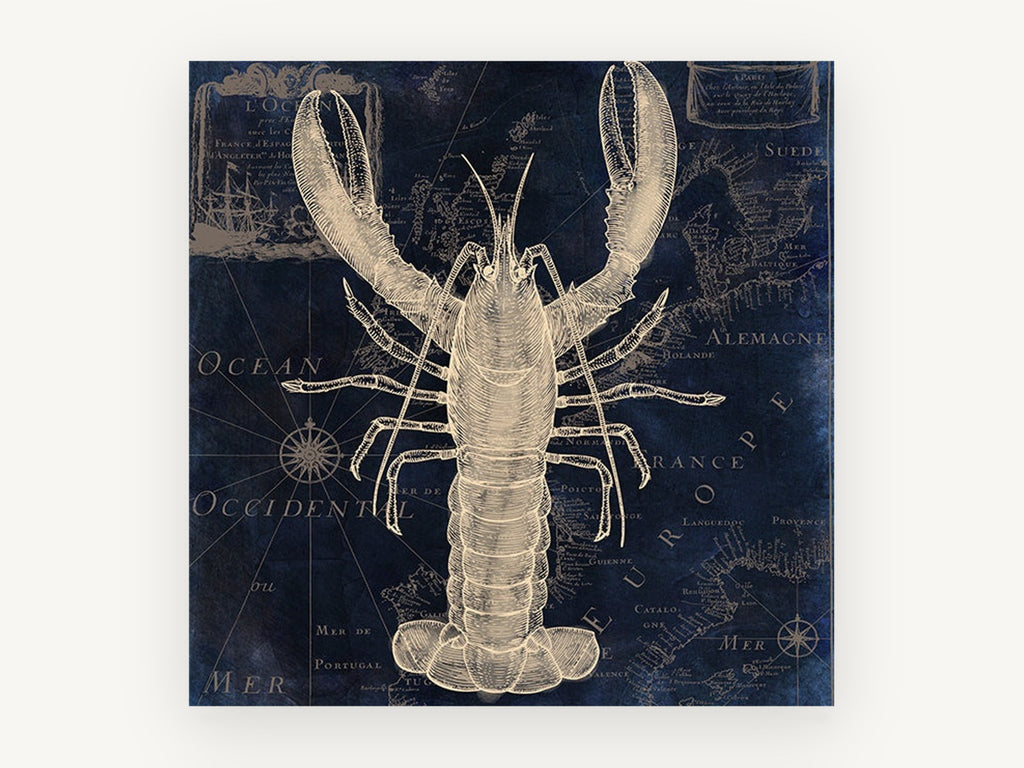 Lobster on Indigo Chart, vintage canvas wall art print, front view