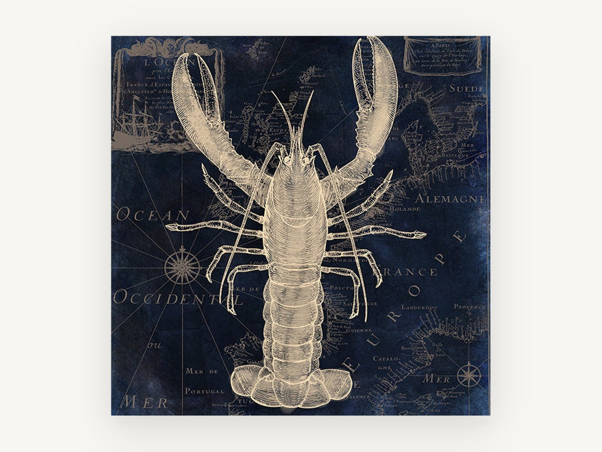 Lobster on Indigo Chart, vintage canvas wall art print, front view