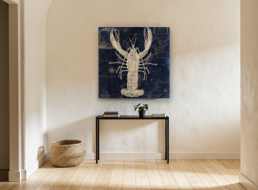 Lobster on Indigo Chart vintage canvas print on the wall of a hallway