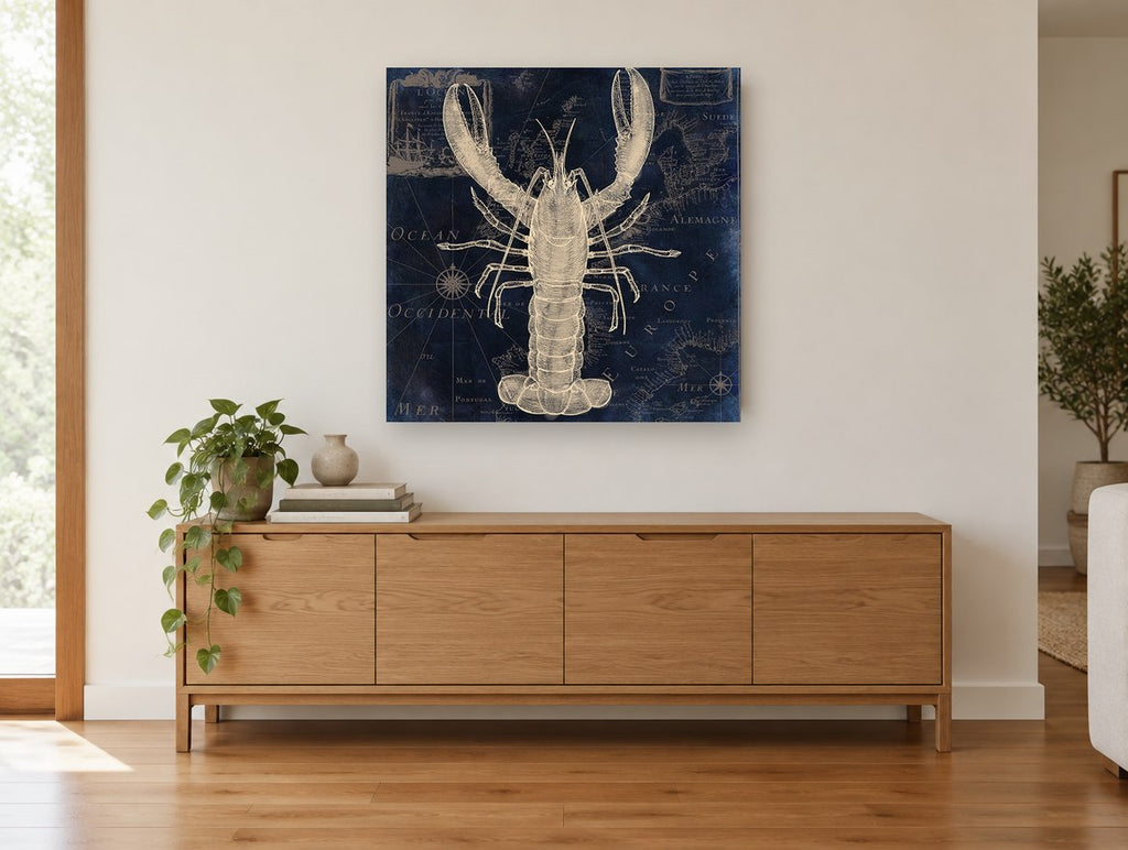 Lobster on Indigo Chart vintage canvas print on the wall of a living room above a sideboard
