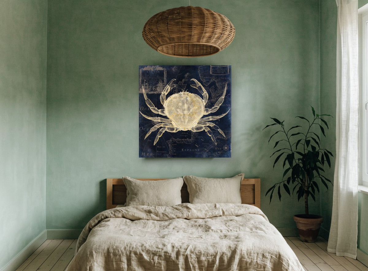 Crab on Navy Chart vintage canvas print on the wall of a bedroom