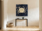 Crab on Navy Chart vintage canvas print on the wall of a hallway