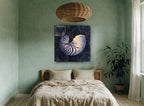 Nautilus on Indigo Chart vintage canvas print on the wall of a bedroom