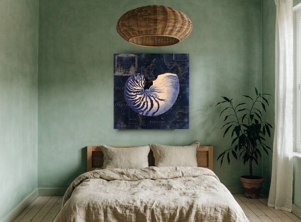 Nautilus on Indigo Chart vintage canvas print on the wall of a bedroom