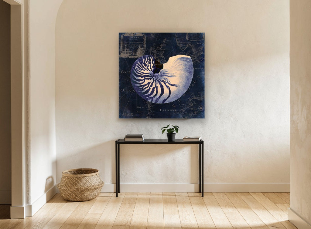 Nautilus on Indigo Chart vintage canvas print on the wall of a hallway