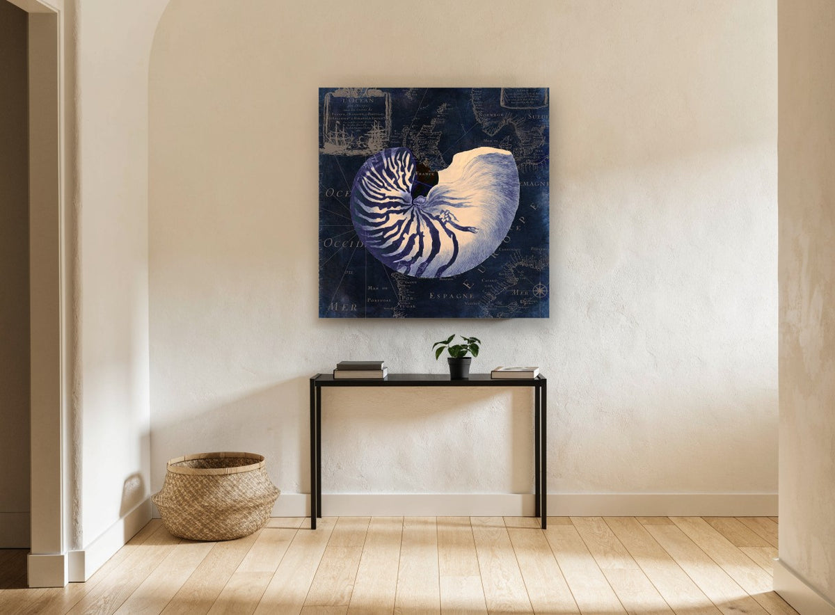 Nautilus on Indigo Chart vintage canvas print on the wall of a hallway