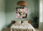 Parisian Rooster Patchwork floral canvas print on the wall of a bedroom