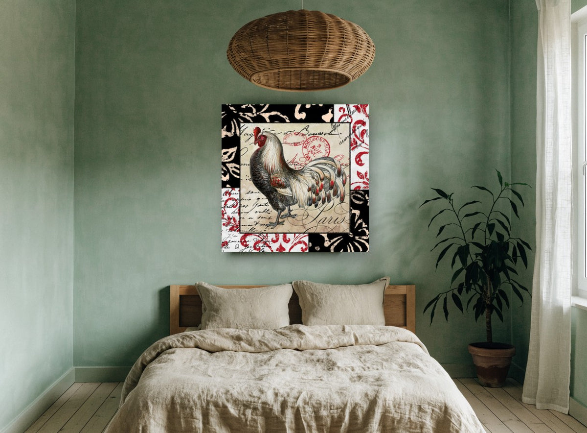 Parisian Rooster Patchwork floral canvas print on the wall of a bedroom