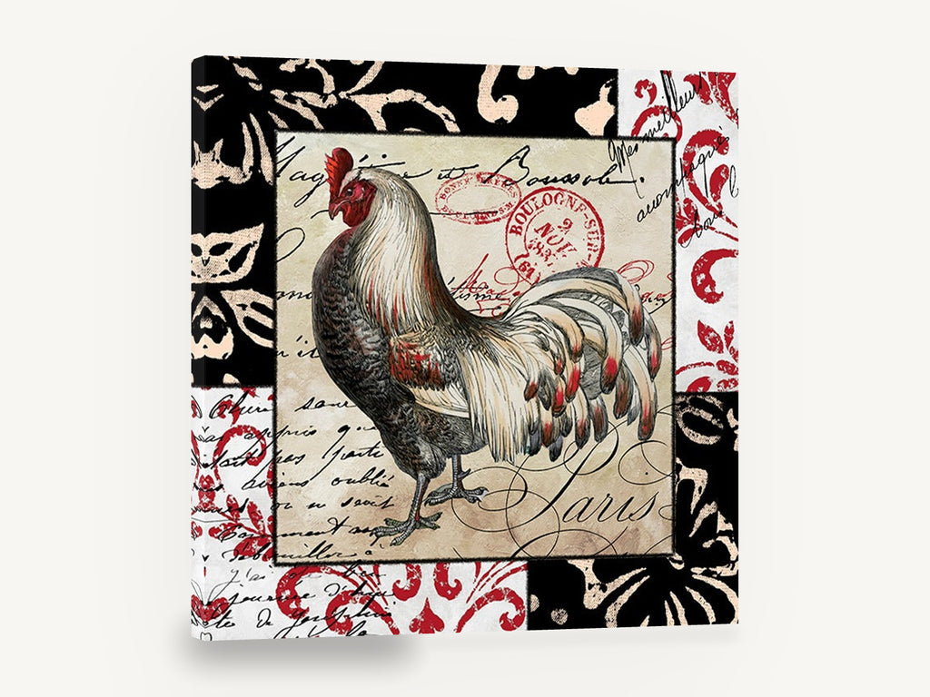 Parisian Rooster Patchwork, french rooster script damask illustration, floral canvas wall art print ready to hang