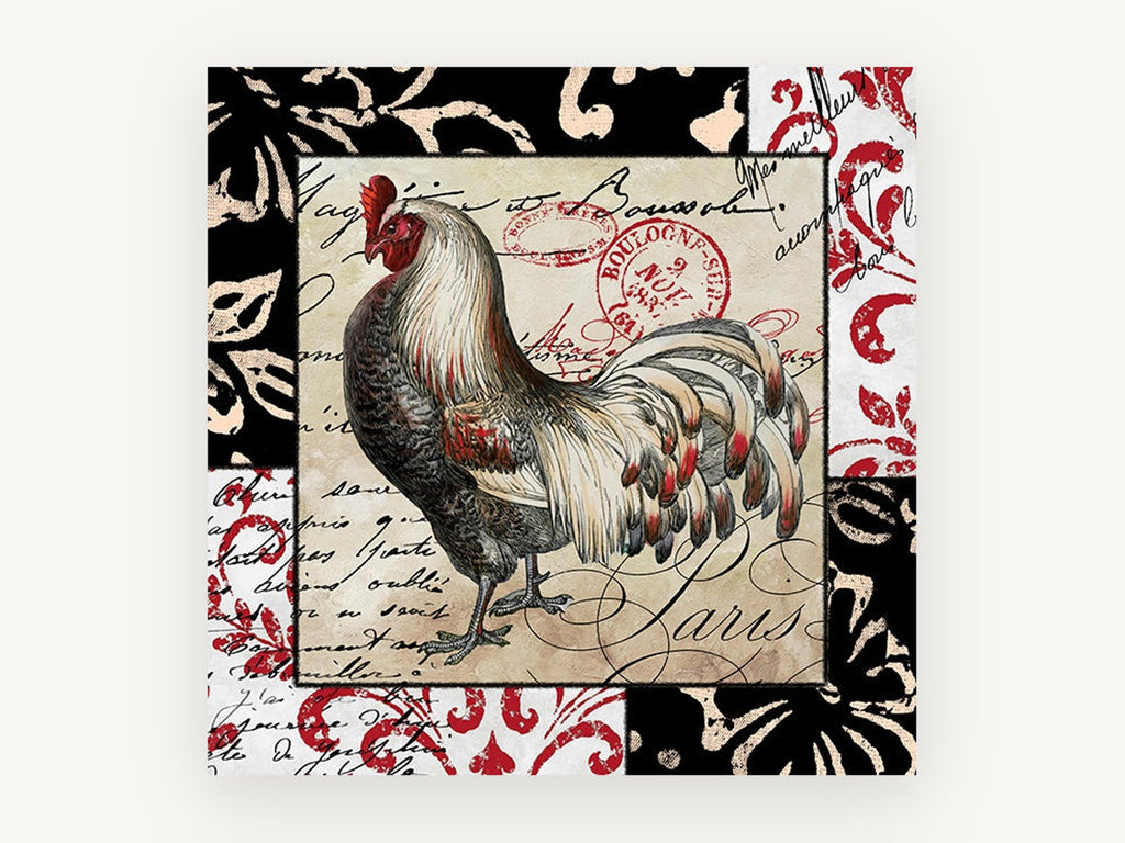 Parisian Rooster Patchwork, floral canvas wall art print, front view