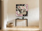 Parisian Rooster Patchwork floral canvas print on the wall of a hallway