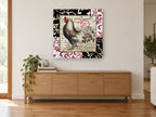 Parisian Rooster Patchwork floral canvas print on the wall of a living room above a sideboard