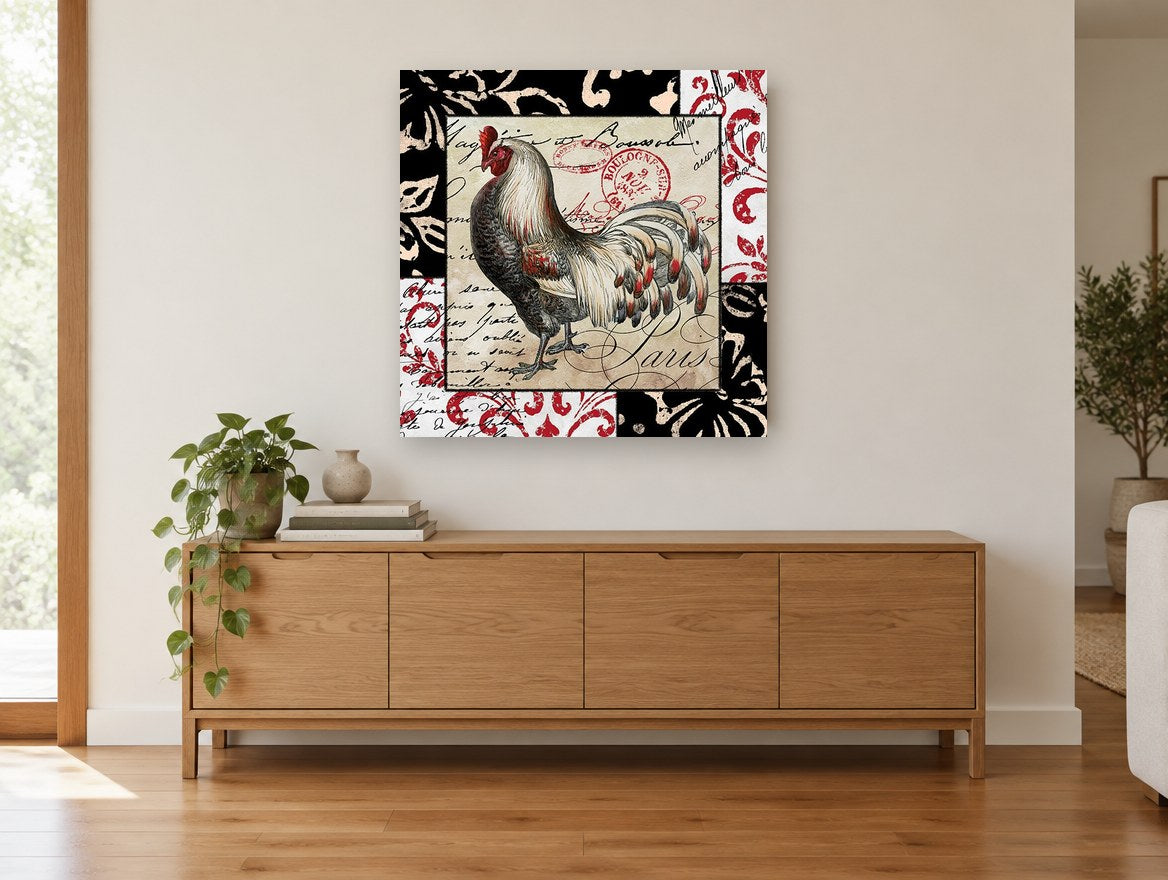 Parisian Rooster Patchwork floral canvas print on the wall of a living room above a sideboard