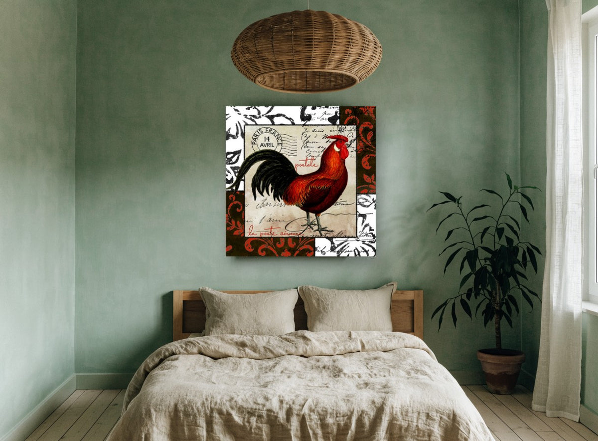 Paris Postcard Rooster floral canvas print on the wall of a bedroom