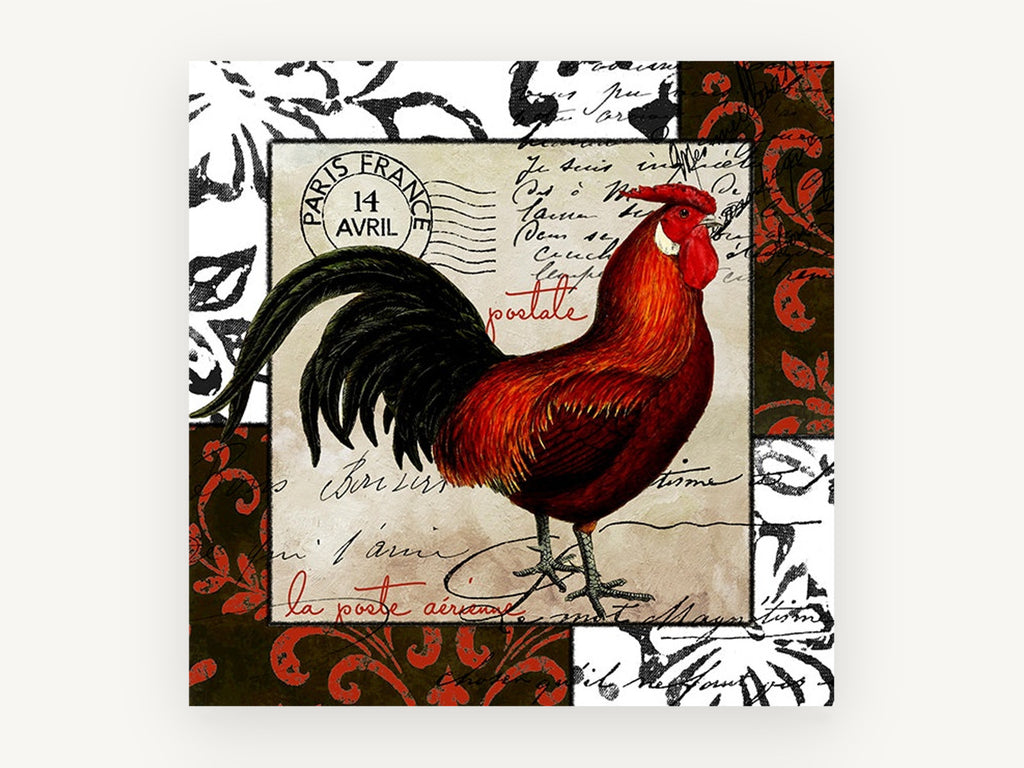 Paris Postcard Rooster, floral canvas wall art print, front view
