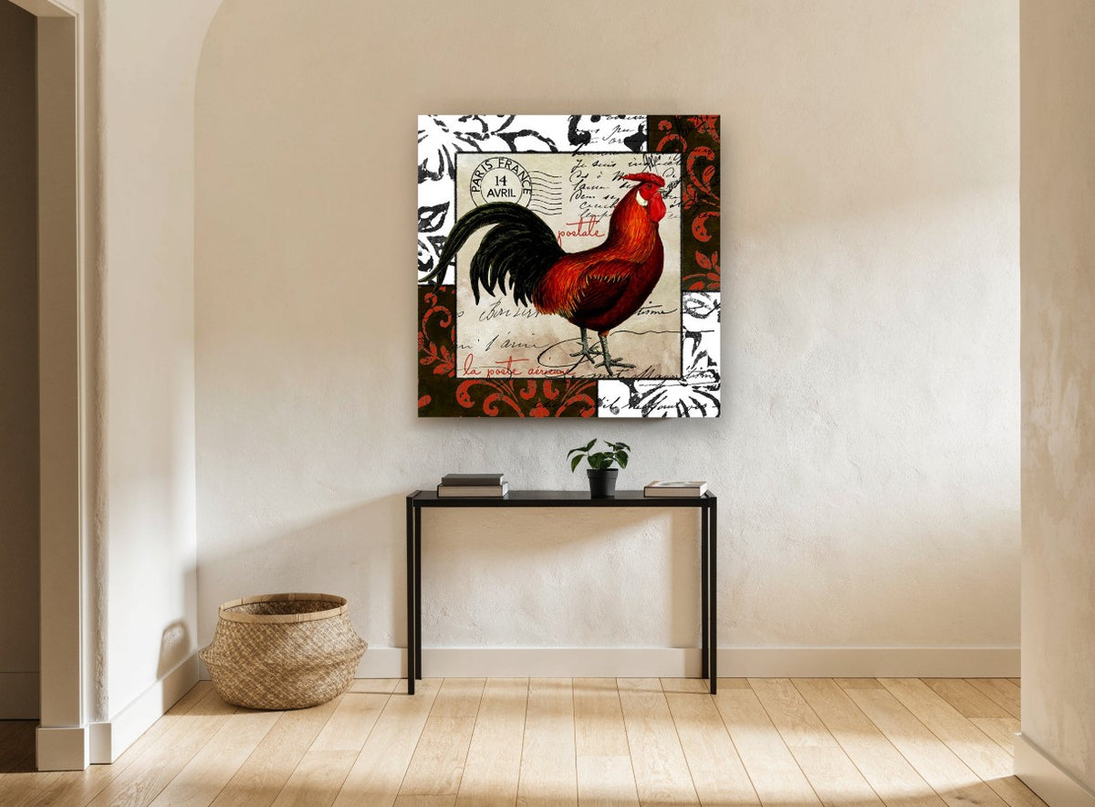Paris Postcard Rooster floral canvas print on the wall of a hallway