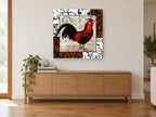 Paris Postcard Rooster floral canvas print on the wall of a living room above a sideboard